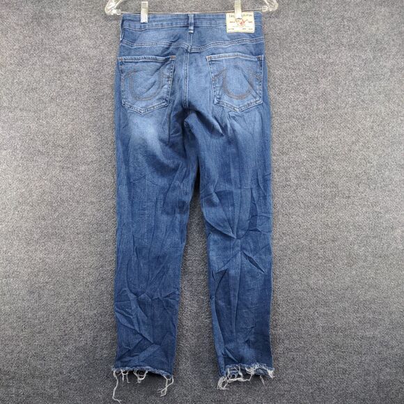True Religion Women's Starr High Rise Cropped Straight Jeans Blue 27 Distressed - Picture 5 of 11